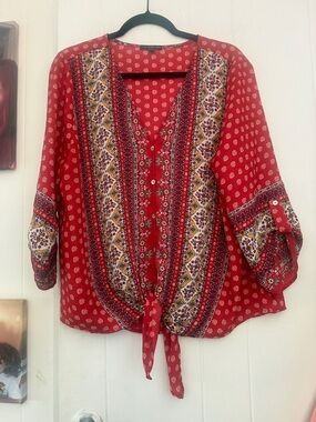 West Kei Red Printed Tie-Front Boho Blouse